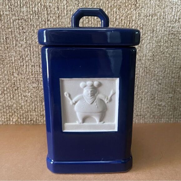 Vintage Roshco TileWare Cobalt Blue Baker Graphic Tile Ceramic Square Canister - Picture 2 of 13